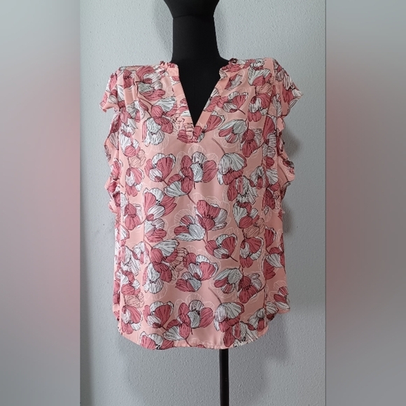 A Liz Claiborne Floral Pink Ruffled Short Sleeve Blouse - Picture 6 of 8